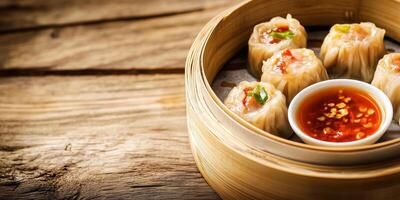 Close-up of dim sum in a bamboo steamer basket with a dipping sauce, photorealistic food photo