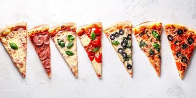 Pizza slices laid out in a line, highlighting the consistency in crust and toppings, photorealistic food photo