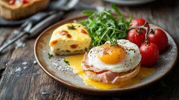 Plate filled with assorted egg dishes, including eggs benedict and a small quiche slice, photorealistic food photo