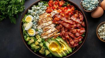 Cobb salad in a large bowl with rows of chicken, bacon, avocado, eggs, and blue cheese, meal photography photo