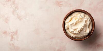 Top-down view of mousse in a small bowl with an even surface, meal photography photo