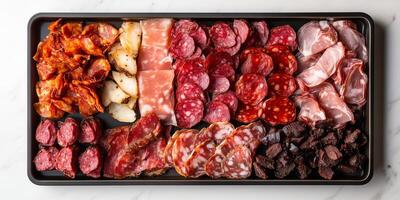 Variety of cured meats displayed evenly on a rectangular tray, meal photography photo
