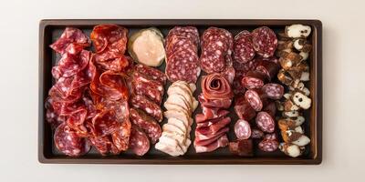 Variety of cured meats displayed evenly on a rectangular tray, food setting photo