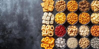 Variety of small snack items arranged in grid pattern on serving surface, food setting photo