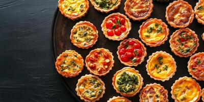 Mini quiches displayed in a grid on a large platter, meal photography photo