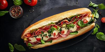 Whole Italian sub on a plate, packed with meats, cheese, and fresh vegetables, food setting photo