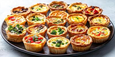 Mini quiches displayed in a grid on a large platter, food setting photo