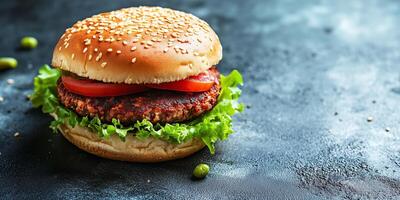 Close-up of a vegan burger with patty and plant-based fillings, lying flat, meal photography photo