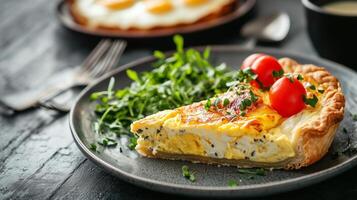 Close-up of egg dishes including quiche slice and eggs benedict, meal photography photo