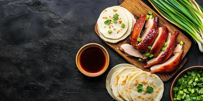 Peking duck with scallions, pancakes, and hoisin sauce, meal photography photo