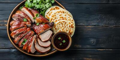 Peking duck with hoisin sauce and pancakes, meal photography photo