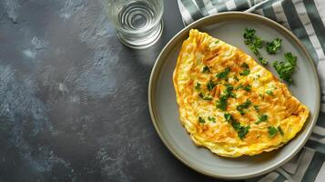 Plate filled with an omelet, placed beside a glass of water and a napkin, meal photography photo