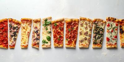 Pizza slices laid out in a line, highlighting the consistency in crust and toppings, food setting photo