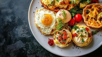 Plate filled with assorted egg dishes, including eggs benedict and a small quiche slice, food setting photo