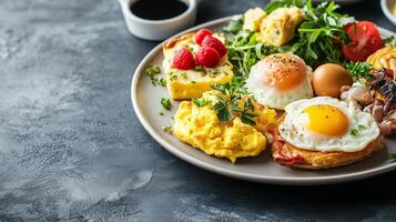 Plate filled with assorted egg dishes, including eggs benedict and a small quiche slice, meal photography photo