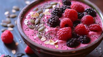 Bowl of berry smoothie topped with whole berries and seeds, culinary photography photo