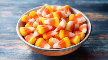 Bowl of candy corn pieces arranged in a triangular pattern, featuring classic tricolor segments, food photography photo