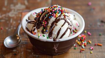 Bowl of ice cream with sprinkles and a chocolate drizzle on top, food photography photo