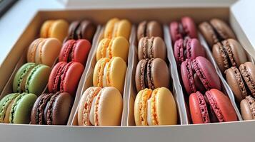 Box filled with neatly lined up macarons in assorted colors, showcasing different fillings, culinary photography photo