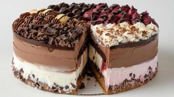 Cake with chocolate topping and cut section showing different ice cream flavors, culinary photography photo