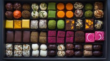 Box of assorted plant-based bonbons arranged in rows, with various shapes and textures, culinary photography photo