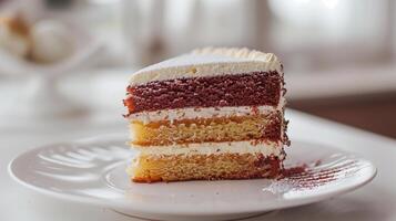 Cake slice with visible layers, positioned on a white plate, showing a clean cross-section, food photography photo