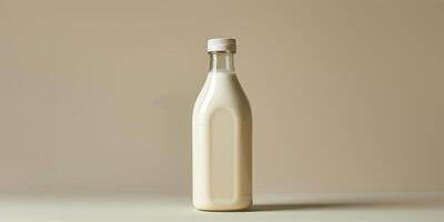 Plastic bottle of kefir with a sealed cap and label, displayed against a neutral backdrop, culinary photography photo