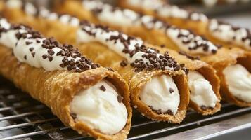 Row of freshly made cannoli, showcasing the smooth filling inside the crispy shells, food photography photo