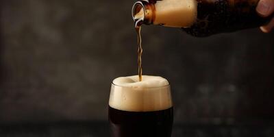 Stout beer being poured into a glass from a bottle, foam rising to the top, culinary photography photo