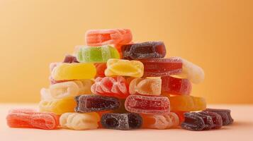 Pile of fruit chew candies stacked in a heap, showcasing an assortment of colors and shapes on a flat background, food photography photo