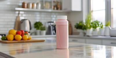 Protein drink bottle featuring a measuring scale, standing on a kitchen countertop, culinary photography photo