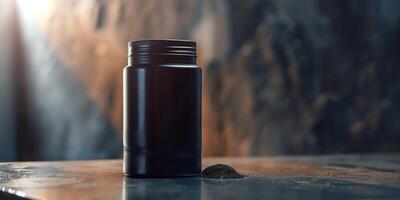 Protein drink container with visible nutritional information, placed on a metal surface, culinary photography photo