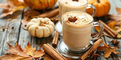 Pumpkin spice lattes in glass cups on a table, surrounded by autumn leaves and whole spices, culinary photography photo