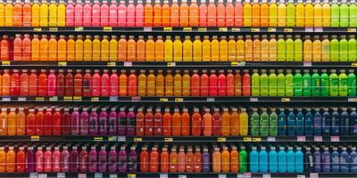 Ready-to-drink nutritional beverages neatly arranged in rows on a retail shelf, culinary photography photo