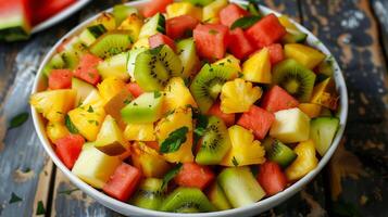 Bowl of freshly chopped fruit salad with pineapple, watermelon, and kiwi, photorealistic food photo