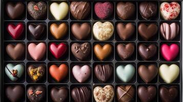 Box of assorted heart-shaped chocolates with different fillings in a grid, gastronomy photography photo