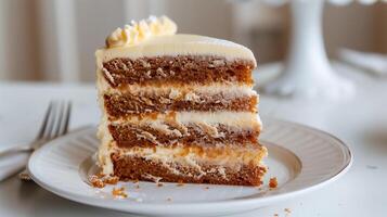 Cake slice with visible layers, positioned on a white plate, showing a clean cross-section, photorealistic food photo