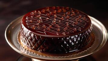 Cake with a glossy surface, featuring a pattern on top, placed on a plain dish, gastronomy photography photo