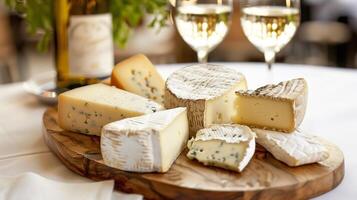 Cheese platter with various cheeses and a glass of white wine on a wooden board, gastronomy photography photo