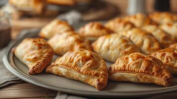 Plate of turnovers arranged in a row, each with a distinct shape and filling, gastronomy photography photo