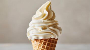 Swirl of soft-serve ice cream in a waffle cone, standing upright, photorealistic food photo