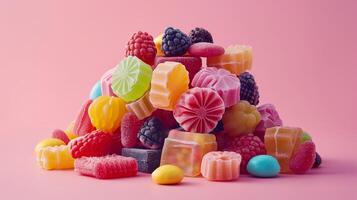 Pile of fruit chew candies stacked in a heap, showcasing an assortment of colors and shapes on a flat background, photorealistic food photo