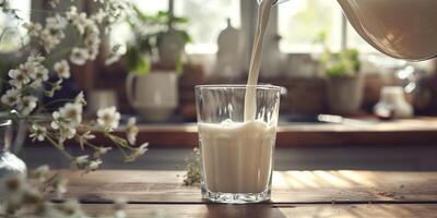 Pouring plant-based milk from a jug into a transparent glass placed on a wooden table, photorealistic food photo