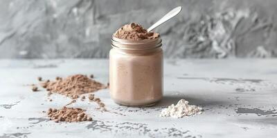 Protein shake powder in a jar with a scoop, placed on a plain surface, gastronomy photography photo
