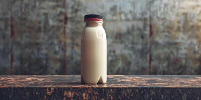 Protein drink container with visible nutritional information, placed on a metal surface, gastronomy photography photo