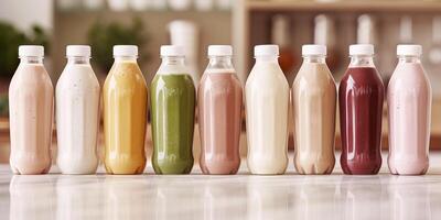 Ready-to-drink meal replacement shakes in uniform bottles lined up on clean surface, photorealistic food photo