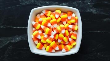 Bowl of candy corn pieces arranged in a triangular pattern, featuring classic tricolor segments, meal photography photo