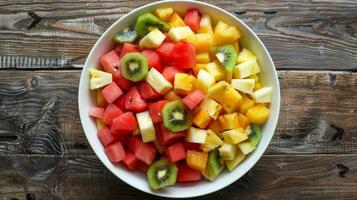 Bowl of freshly chopped fruit salad with pineapple, watermelon, and kiwi, food setting photo
