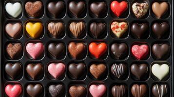 Box of assorted heart-shaped chocolates with different fillings in a grid, meal photography photo