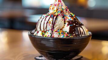 Bowl of ice cream with sprinkles and a chocolate drizzle on top, meal photography photo